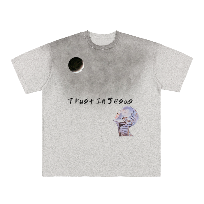 Trust In Jesus Vintage Washed Upper Body Grey Gradient on Aged Frayed T-Shirt - 250 GSM